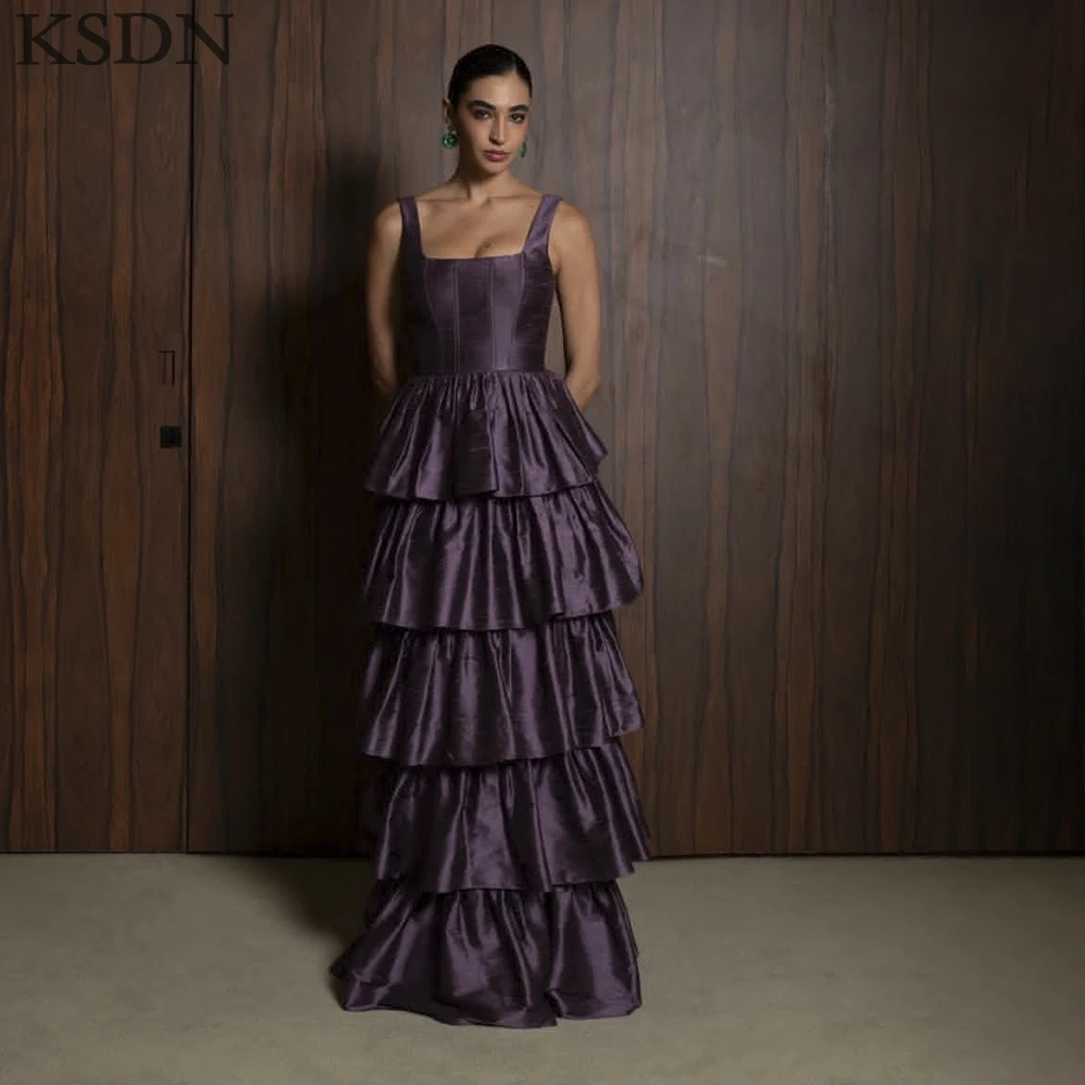 

KSDN High Quality Satin Evening Dresses 2025 Formal Sleeveless Spaghetti Strap Sweep Train Tiered Gowns Special Occasion Dress