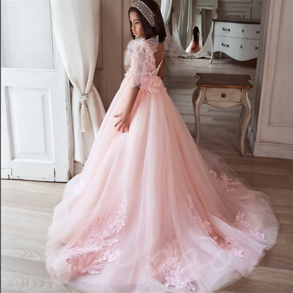 Vestido de flores para niña, apliques de tul esponjoso, encaje con cuentas, elegante, flor de arena, primer vestido de fiesta de cumpleaños para niño