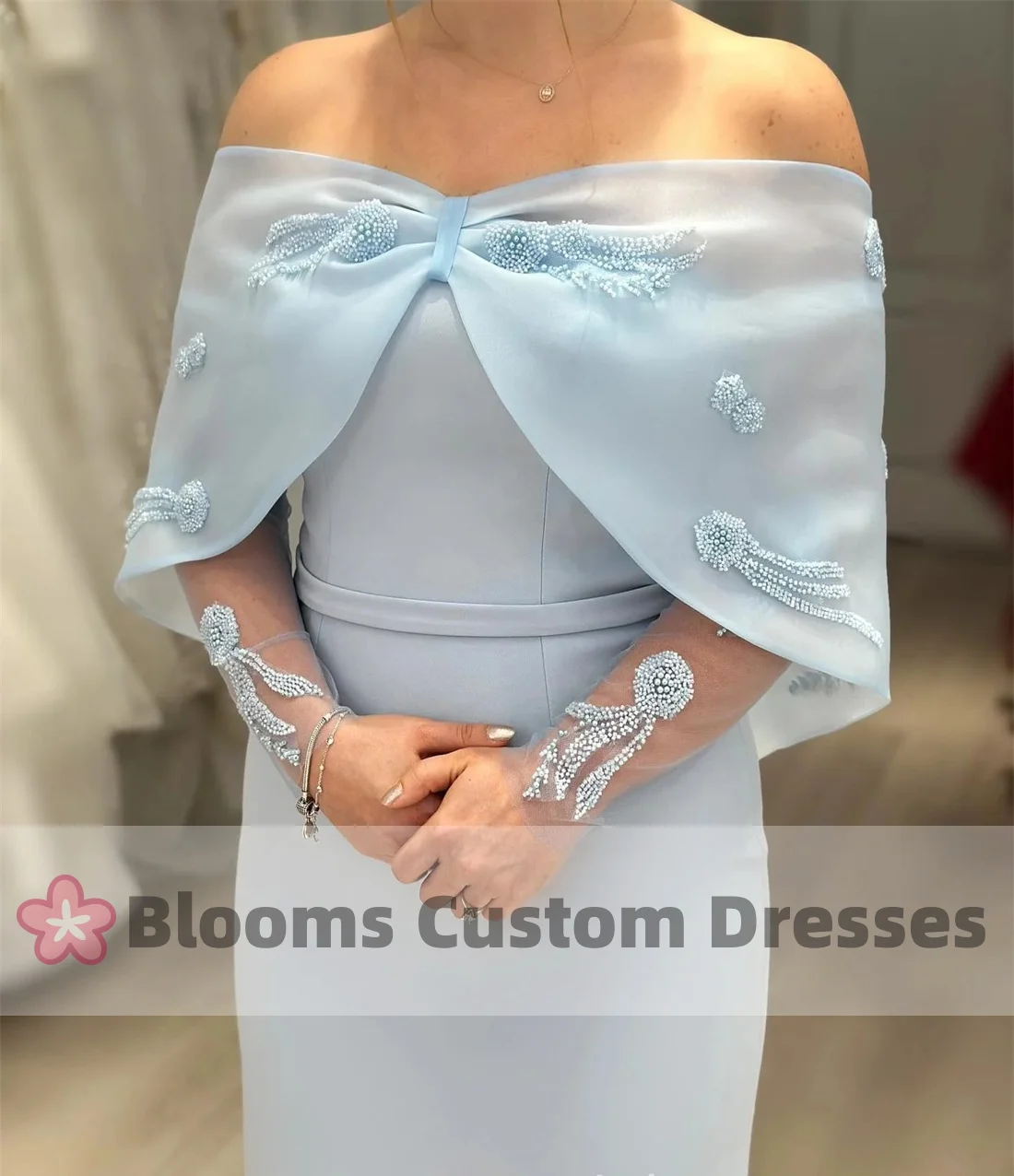 Customized Off Shoulder Crepe Elegant Prom Dresses 2024 Long Sleeves With Beads Flower Robes De Formal Occasion Evening Party