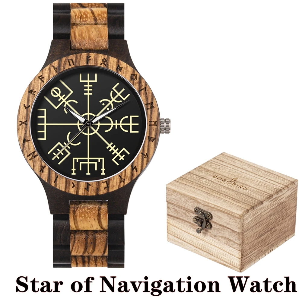 

BOBO BIRD Viking Wooden Watches Top Japanese Quartz Movement Wristwatch Unique Men Watch with Helm of Awe Runic Circle Gift Box