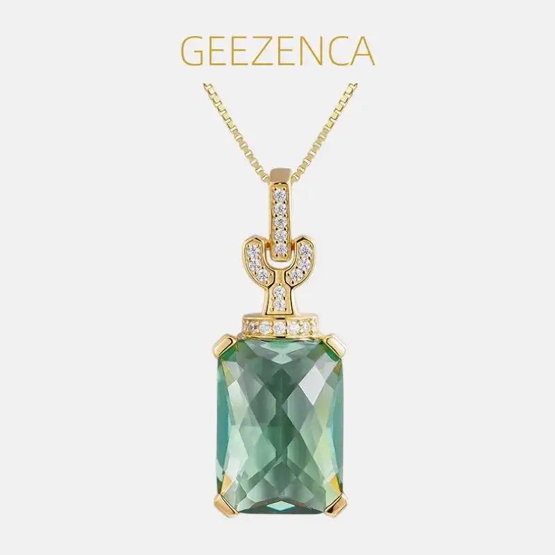 

GEEZENCA Green Crystal 925 Silver 3D Bottle Pendant For Women Gold Plated CZ SquareTrendy Dainty Necklace Pendants Without Chain