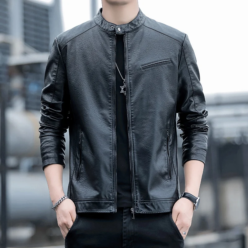

Мужская кожаная куртка Slim Fit в байкерском стиле с круглым воротом, новая модная повседневная модель весна-лето, с двойным воротником, укороченная, на молнии