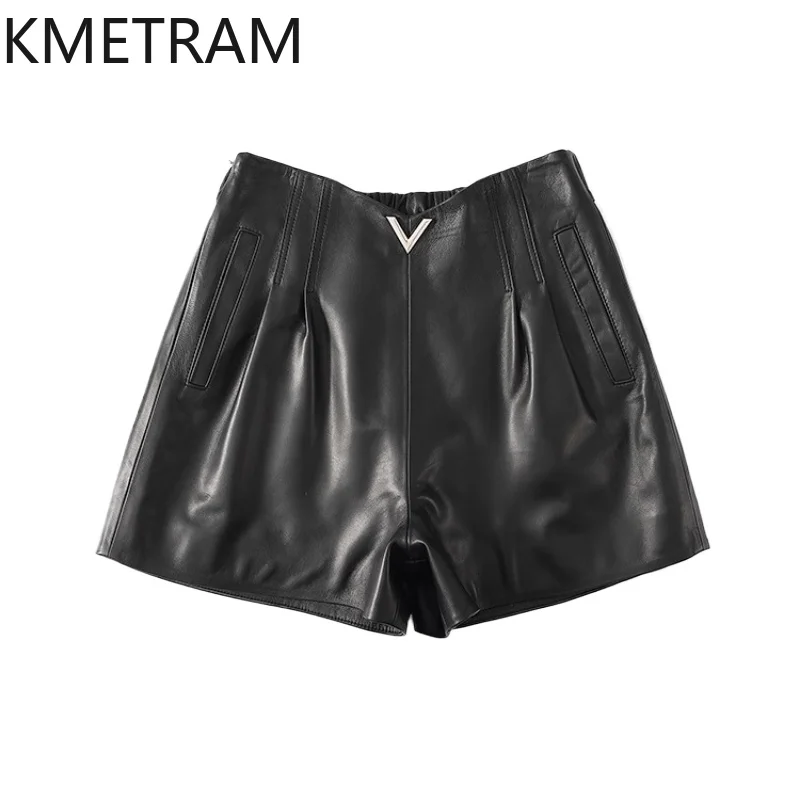 

KMETRAM 100% Top Layer Sheepskin Shorts for Woman High Waisted Genuine Leather Black Short 2025 Autumn Women' S Clothes шорты