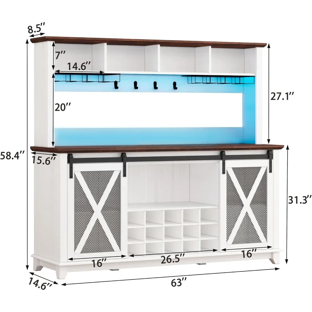 Armadietto da bar da 63 pollici con luci a LED, armadietto da bar per vino con contenitore, gabbia da cucina con porta scorrevole per fienile