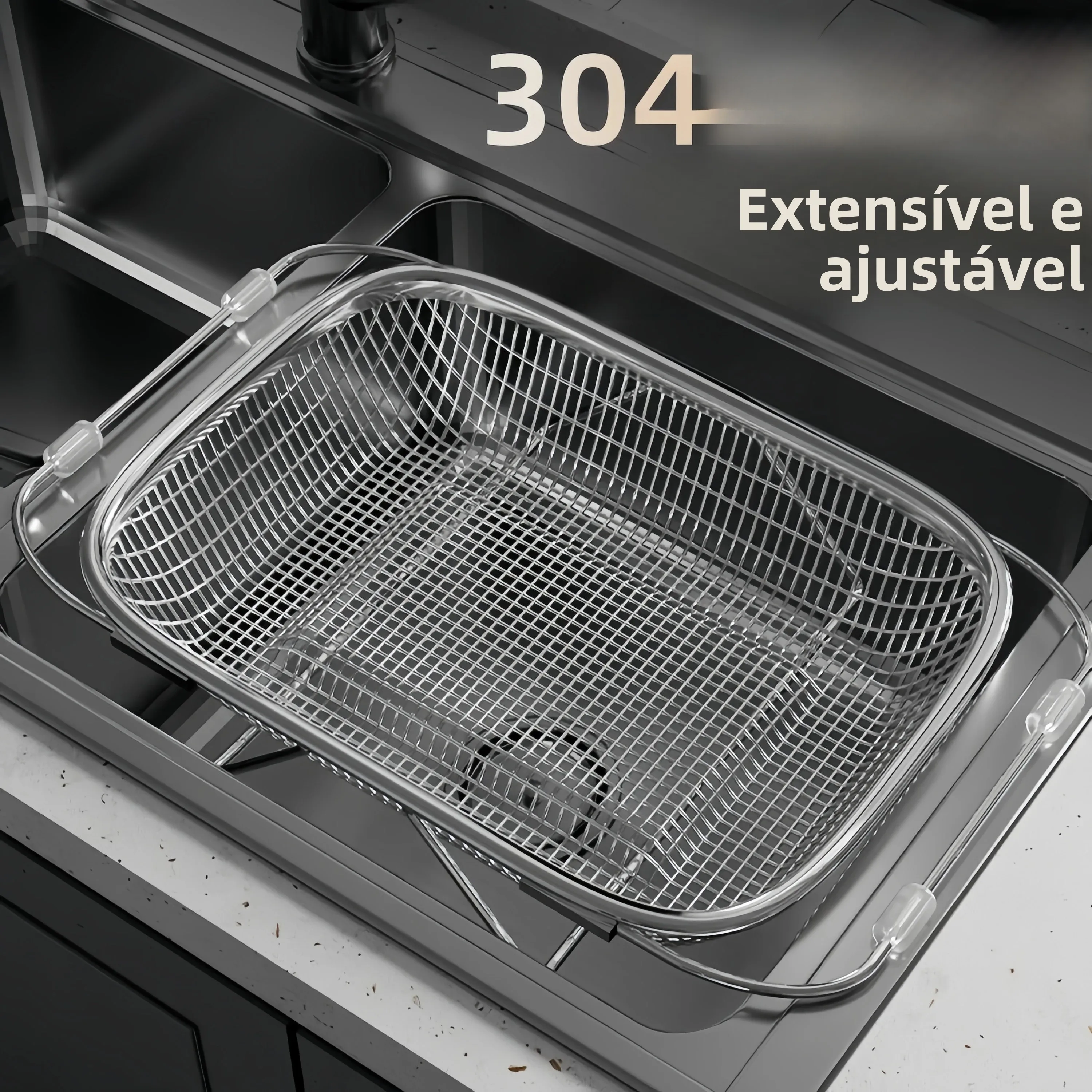 Cesto de Drenagem para Pia de Cozinha em Aço Inoxidável 304, Escorredor Retrátil para Louças e Vegetais, Suporte de Armazenam...