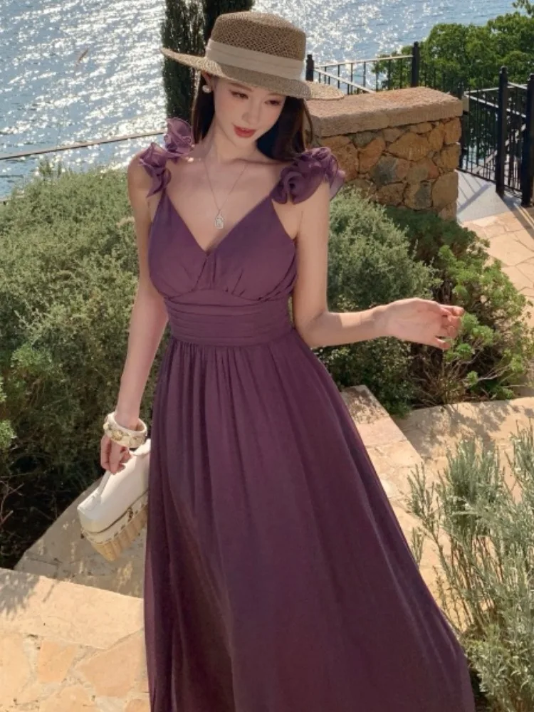 

Pure Desire Purple Summer New V-neck Waist-cinching Silk Backless Long Dress Women's Sexy High Waist Gown with Strap