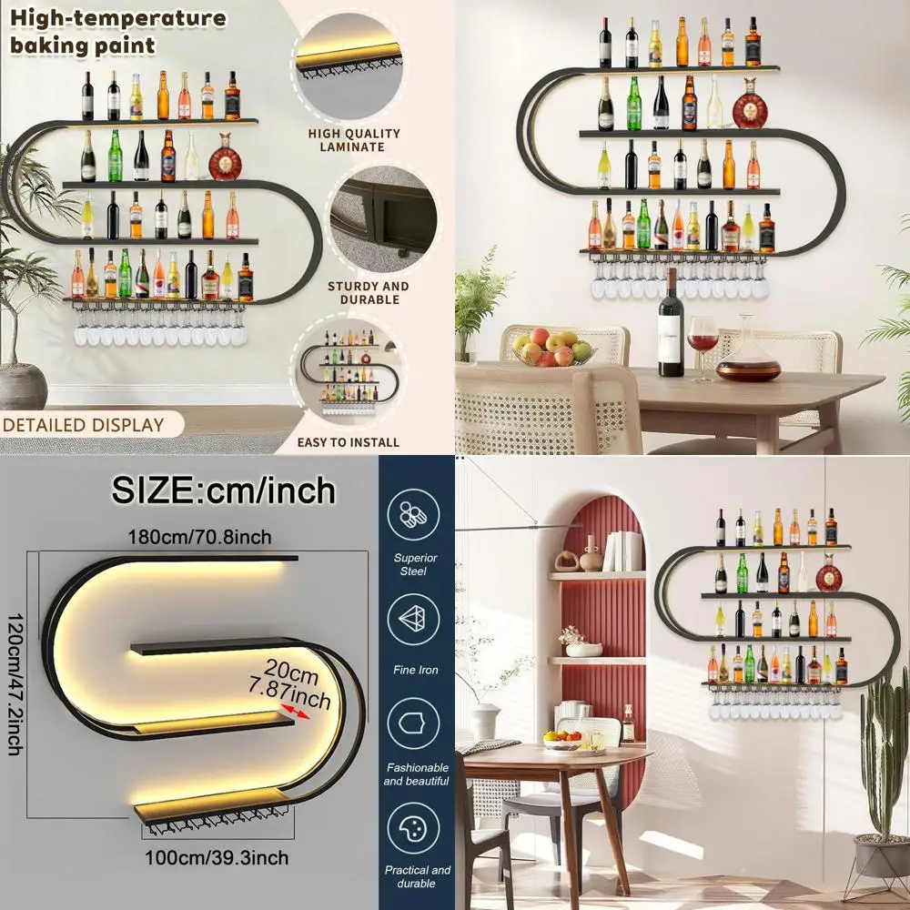 

Настенная винная полка 71 дюйм с LED-подсветкой, круглая многоярусная винная полка с крючками для бокалов, железная подставка для бутылок вина