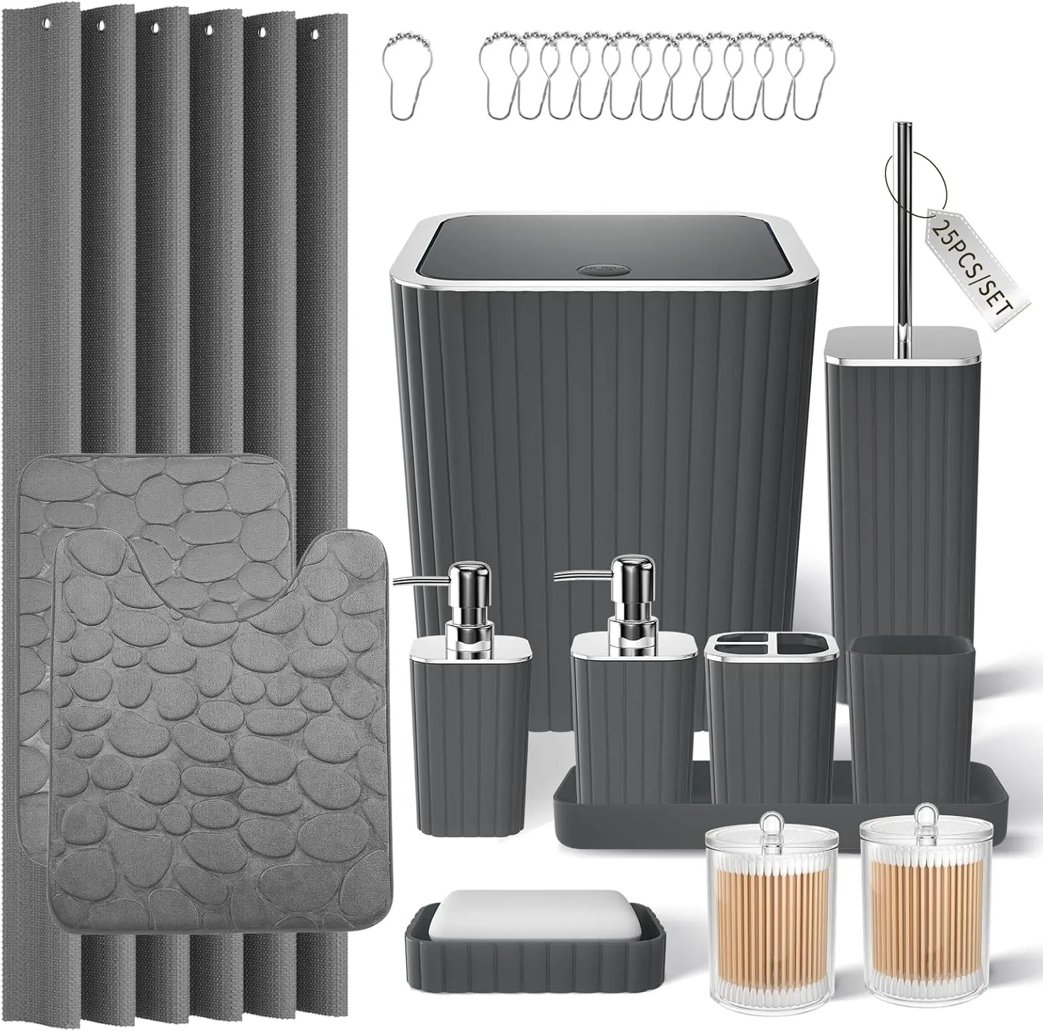 

25PC Grey Bathroom Set with Shower Curtain, Rugs, Toilet Brush, Trash Can & Dispensers - Complete Accessories