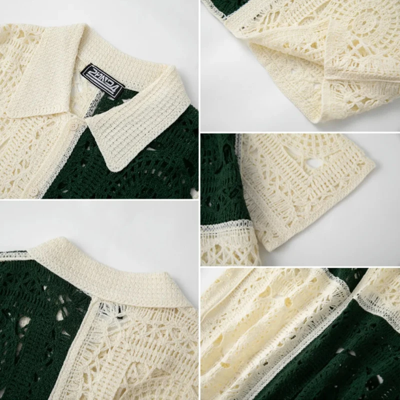 2025 ฤดูร้อนกลางแจ้งเสื้อลําลองผู้ชายถักแขนสั้นButtonedเสื้อสเวตเตอร์ถักผู้ชายVINTAGE Contrastสีถักเสื้อ