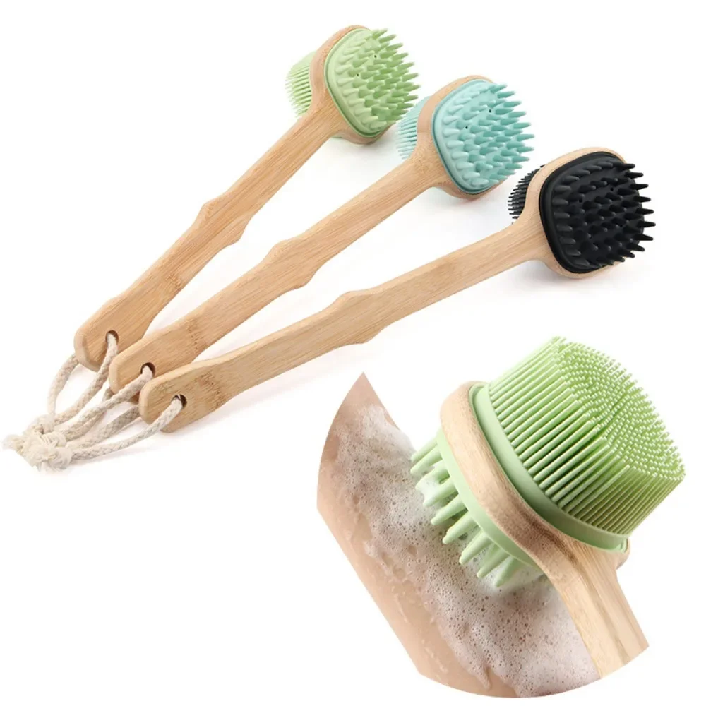 1Pc Silicone Brush Long Head Back Scrubber Shower Brush with Long Wooden Handle Dry Skin Exfoliating Body Massage Cleaning Tool