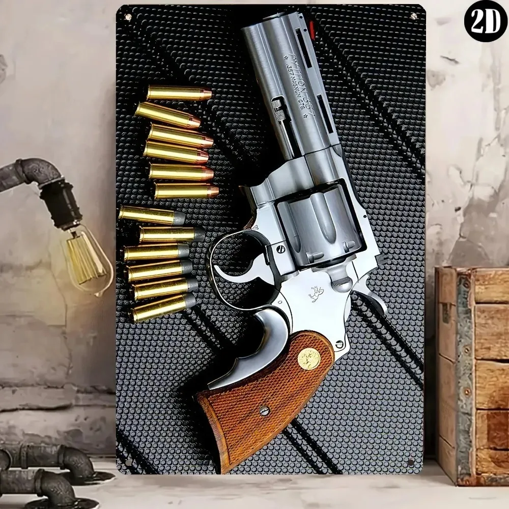 Aluminum metal sign wall decor, silver revolver brass bullet black mat rusted plaque for gun room man cave indoor decor