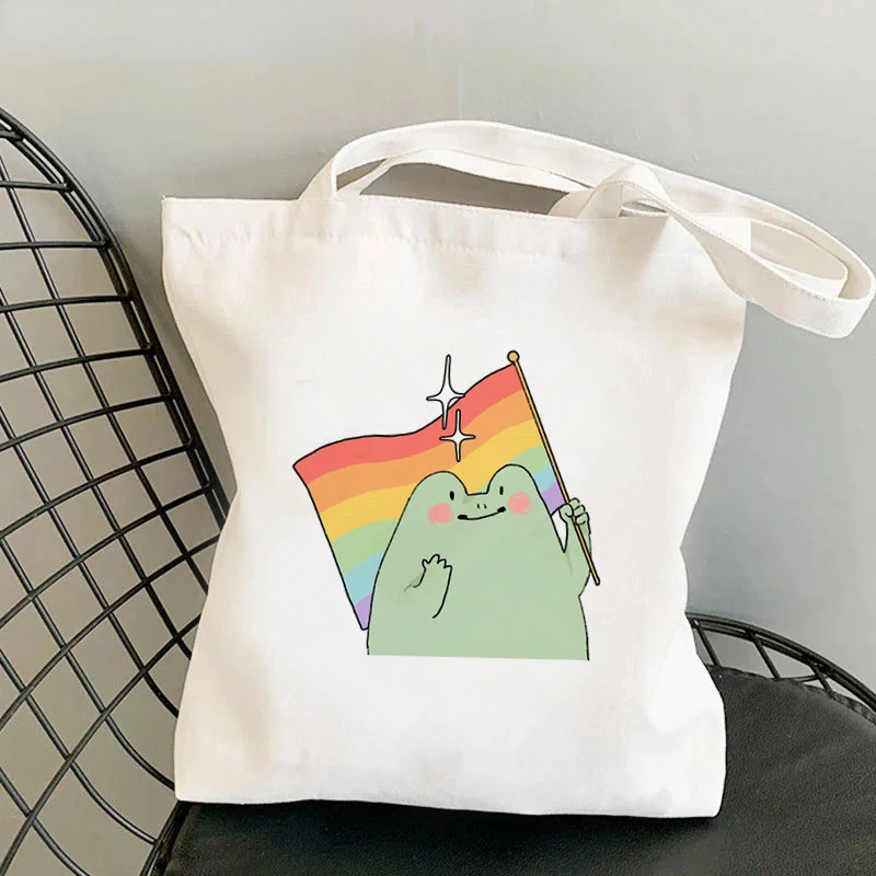 

Women Shopper Bag Rainbow Pride Frog Printed Kawaii Bag Harajuku Shopping Canvas Shopper Bag Girl Handbag Tote Shoulder Lady Bag