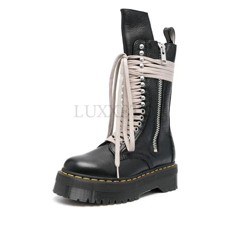 Genuine Leather Women Round Toe Thick Sole Mid Length Motorcycle Boots with Straps Punk Style Short Boots Casual Versatile