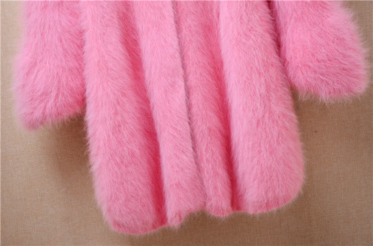 Ladies Women Autumn Winter Pink Hairy Mink Cashmere Knitted Three Quarter Sleeves Slim Cardigans Angora Fur Sweater Jakcet Pull