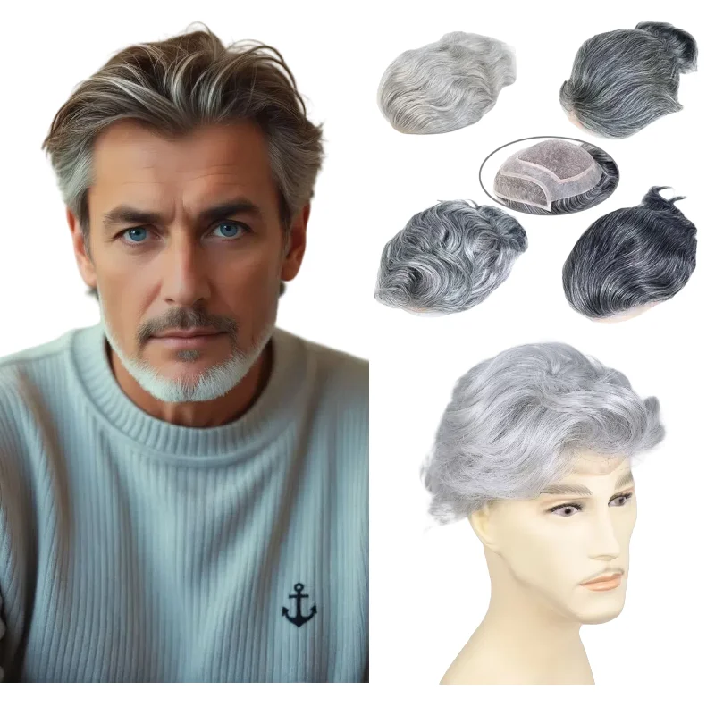 

Men's Hair Replacement 8x10 Inch Mono Base Human Hair Toupee With Grey Lace With Pu Colors 1B90 #4 4T613 Best Seller