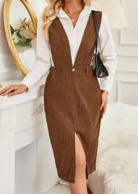 

Women's Dress Autumn Slim Fit New Item Solid Color Deep V-Neck Waist Cinched Front Slit Design Corduroy Shoulder Strap Dress