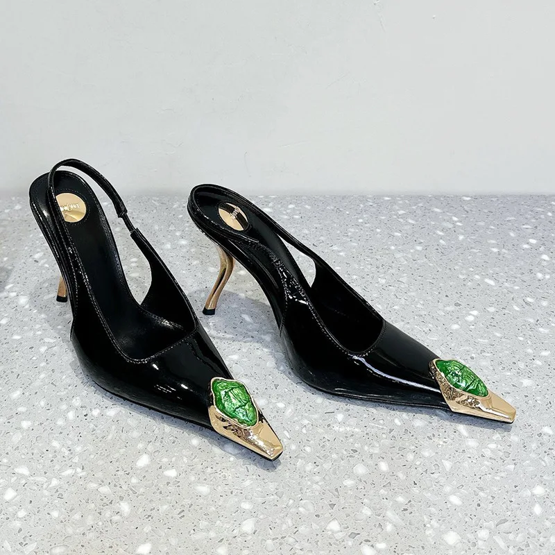 New Spring and Summer Women's High Heels High-end Metal Square Head Patent Leather Stiletto Comfortable Back Sandals