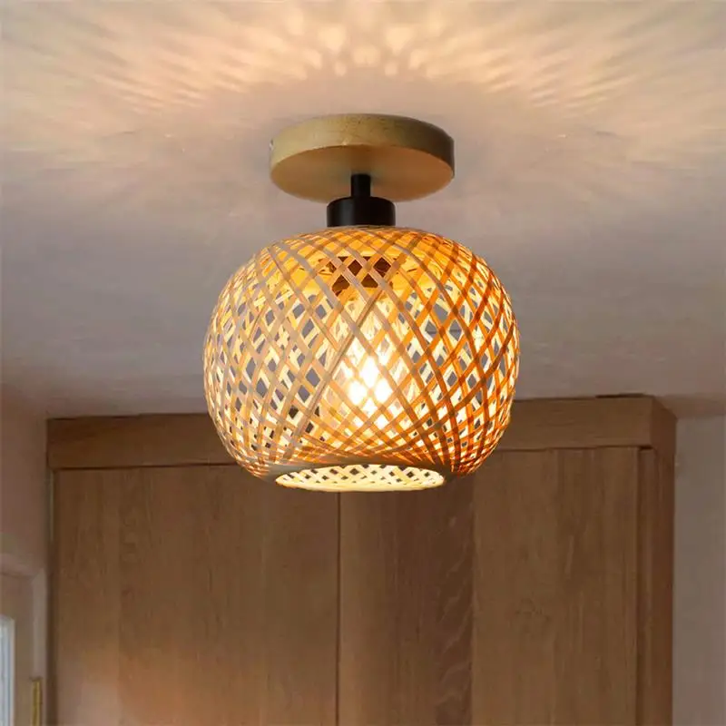 Home Bamboo Light Ceiling Fixture Bamboo Hand-Woven Light Fixture Retro Rustic Ceiling Lamp Natural Rattan E27 Chandeliers