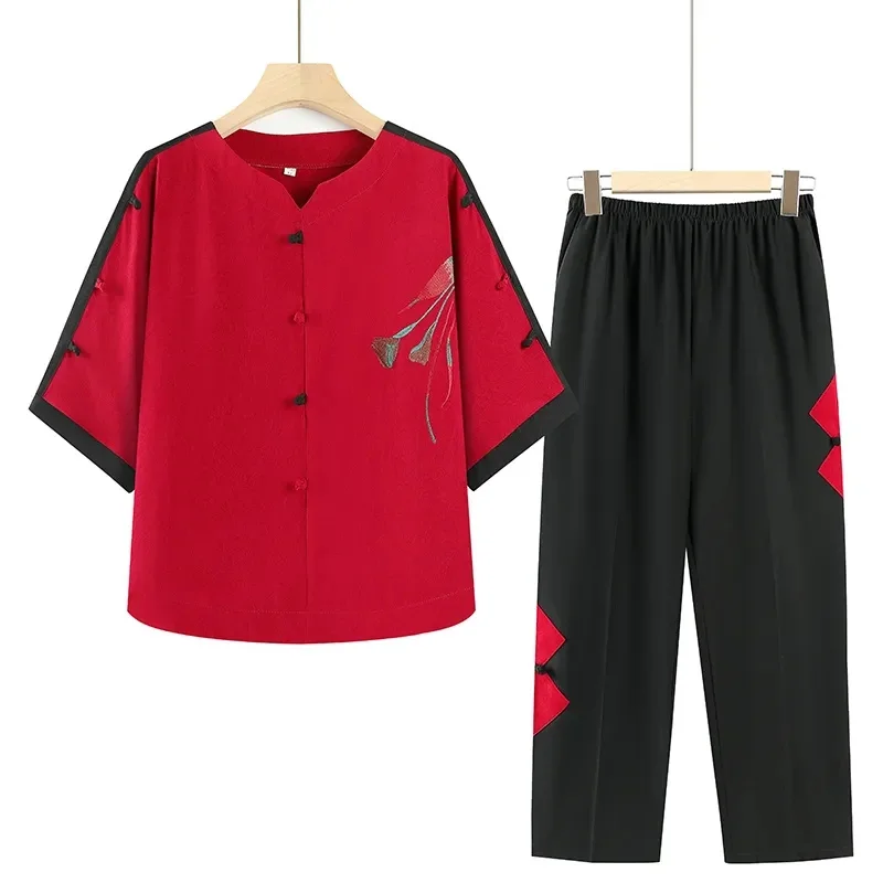 

2025 Female Loose Set Middle Aged Mother Fashion Large Size 6XL Shirt Two-piece Set Summer Ethnic Lady Short Sleeve Blouse 2pcs