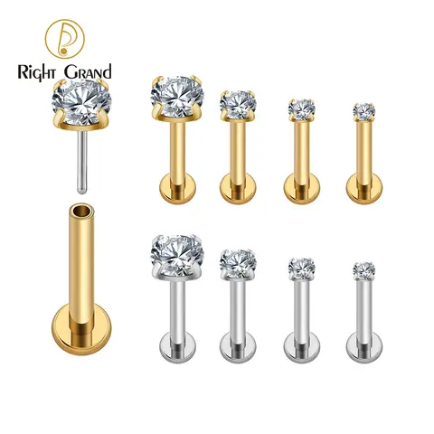 Right Grand ASTM F136 Titanium 18G/16G Threadless Push Pin Labret Stud CZ Cartilage Earring Helix Tragus Nose Stud Piercing