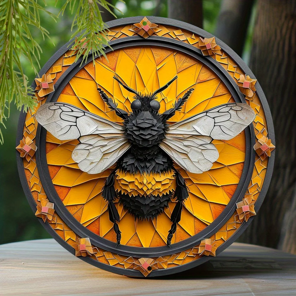 1pc 8x8 Inch Spring Metal Sign Bumblebee Theme Decoration Faux Origami Window Decorations Round Wreath Sign Bedroom Decoration