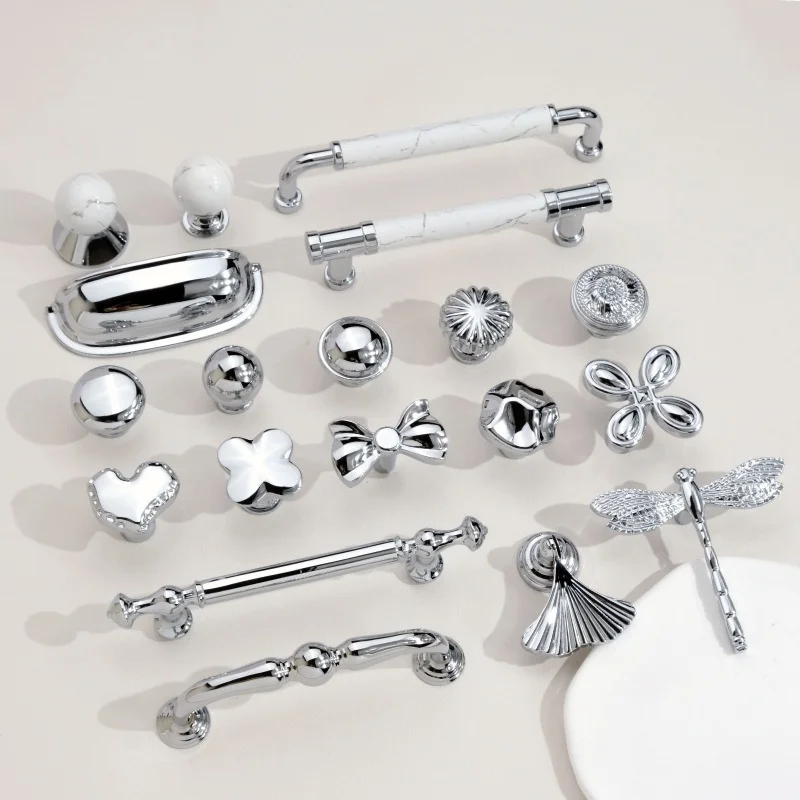 Chrome Plated Cupboard Handles Marble Veining Kitchen Cabinet Storage Drawer Knobs Wardrobe Closet Door Pulls Furniture Handles