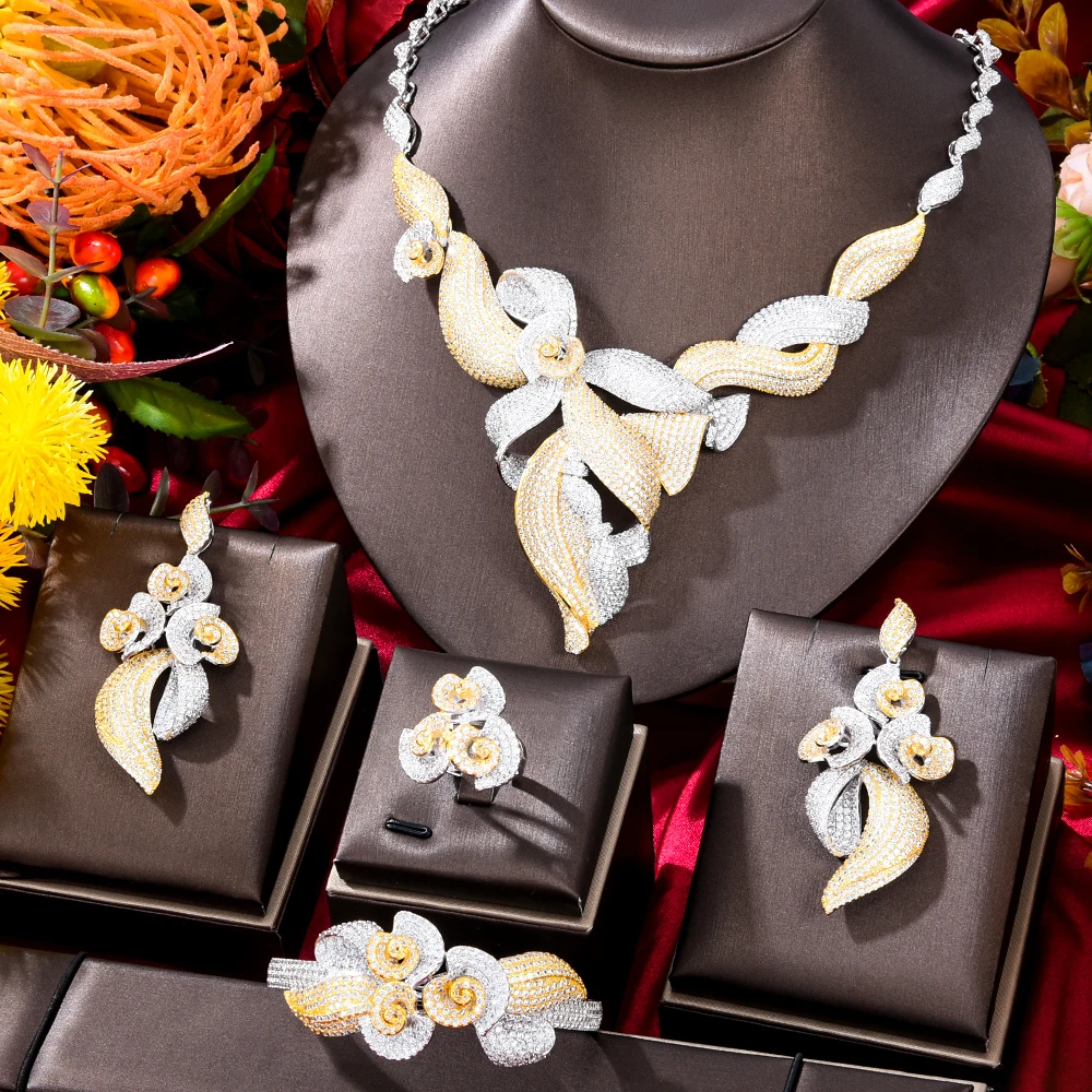 

Soramoore Brand Luxury Shiny Gorgeous 4PCS Necklace Bangle Earrings Ring Jewelry Set for women Girl Brides Wedding Jewellery Set