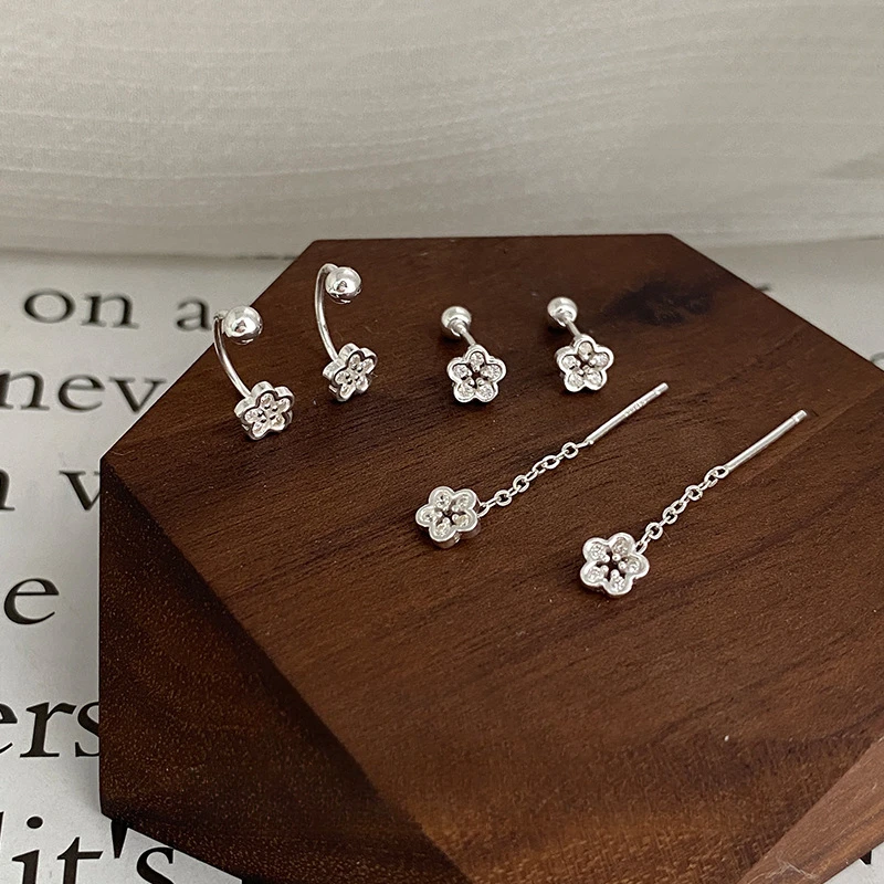 S999 Fine Silver Drop Threader Earrings for Women with Sparkle Diamond Flower Niche Designer Micro-Diamond Floral Ear Jewelry