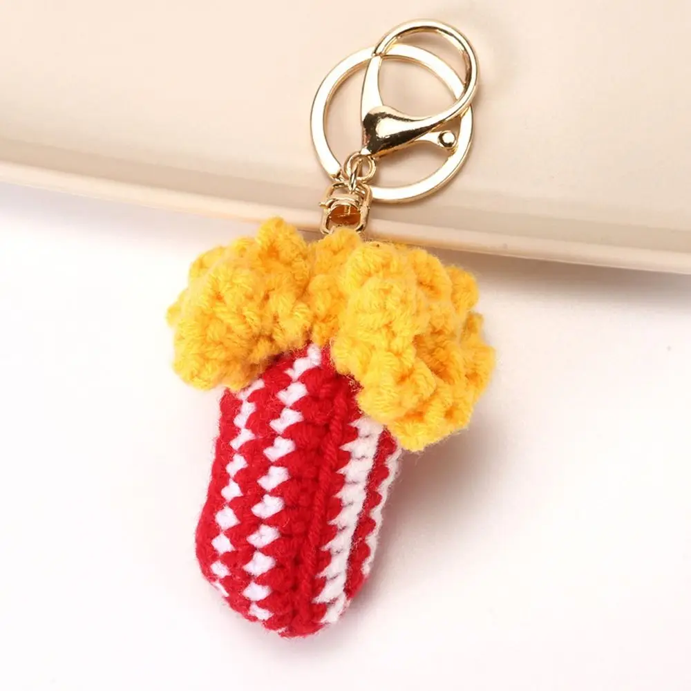 French Fries Crochet Hamburger Handmaking Pizza Wings Weaved Keychains Pendant Cute Knitting Key Ring Women Girl