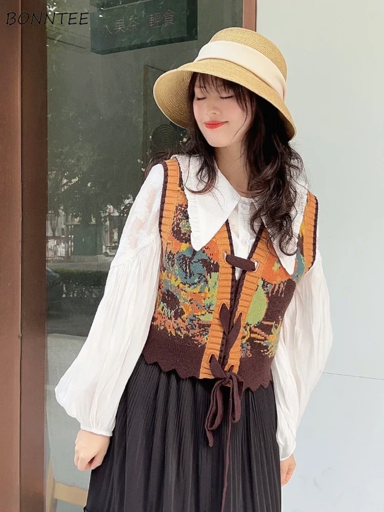 

Lace-up Sweater Vest Women V-neck Panelled Cropped Knitwear Vintage Literary French Style Aesthetic Soft Daily Свитер Женский