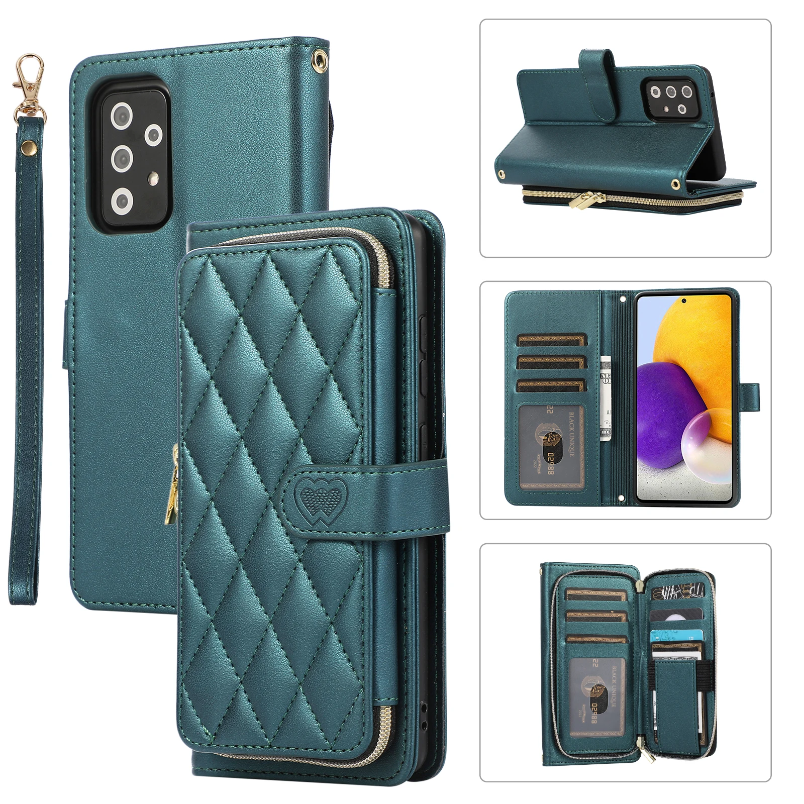 Crossbody Zip Wallet Case for Samsung Galaxy A73 A53 A33 A23 A13 A54 A72 A52 A32 A22 A12 A71 A51 A31 Leather Wrist Strap Cover