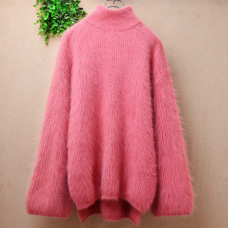 

Female Women Spring Winter Thick Warm Hairy Pink Mink Cashmere Knitted Turtleneck Loose Pullover Angora Fur Jumper Sweater Pull