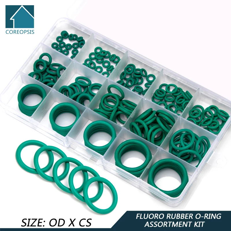 

150PCS/box Fluorine Rubber FKM Sealing O-rings CS 1.5mm 1.9mm 2.4mm 3.1mm OD 6mm-30mm Green Gasket Replacements Kits FQ042-063