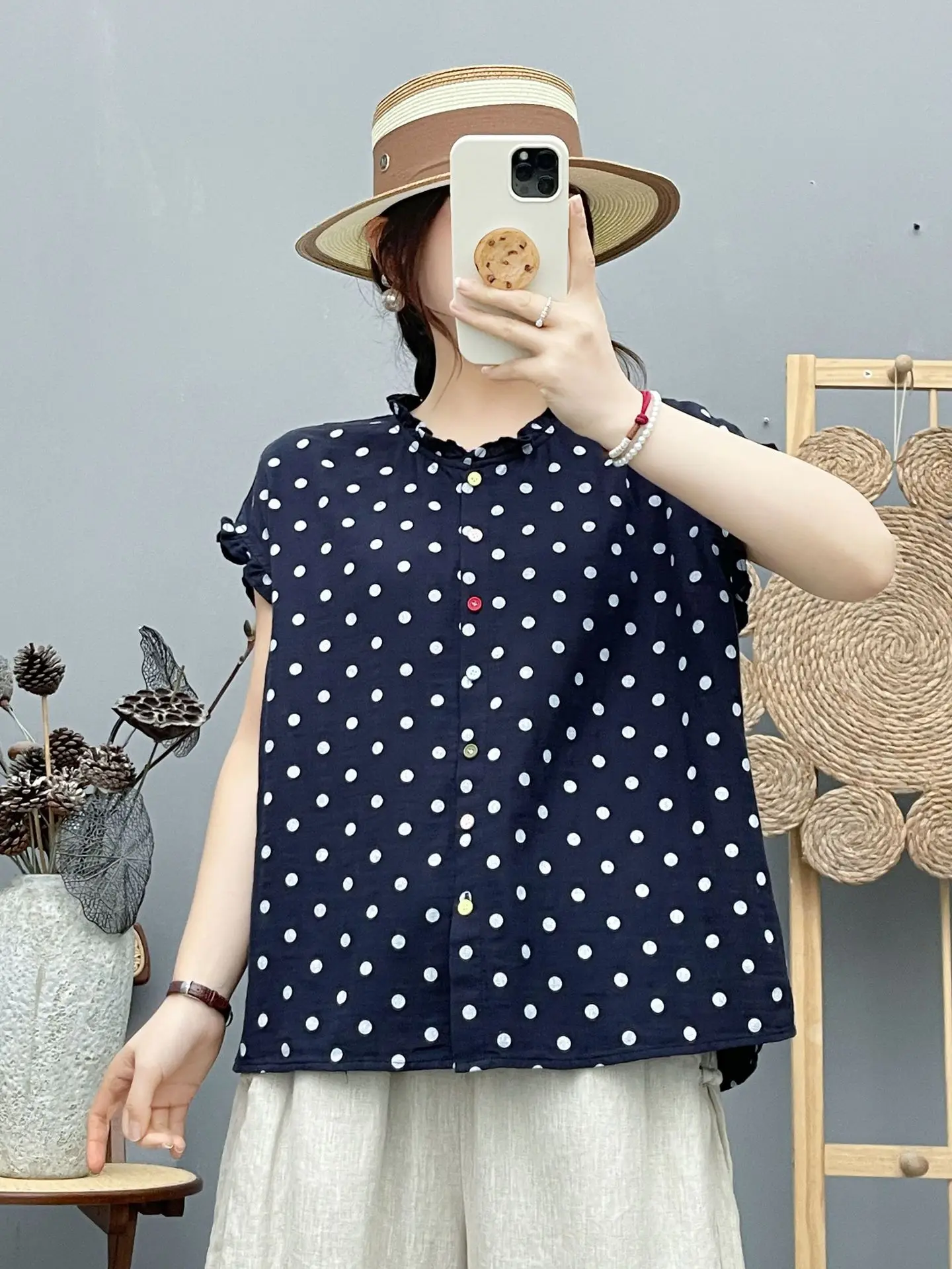2026 Pure cotton yarn white pink navy blue polka dot print shirts and blouses for women summer Japanese style breathable tops