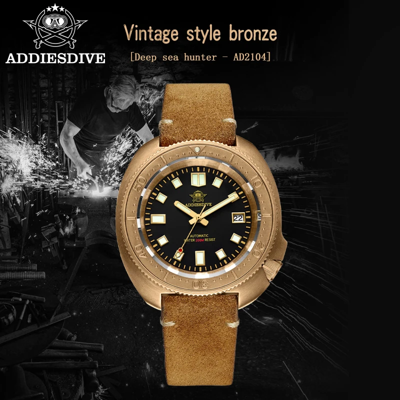 ADDIESDIVE, nuevo Reloj de bronce, relojes para hombre, correa de cuero de zafiro mecánico automático, relojes de pulsera para hombre, Reloj luminoso para buzo de 200m