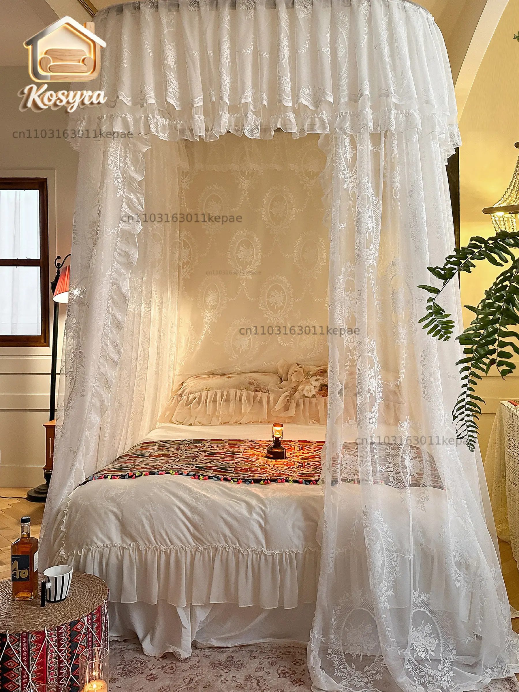 2026 new product three doors raised 2.6m wall-mounted U-shaped mosquito net French princess style high-end lace bed mantle