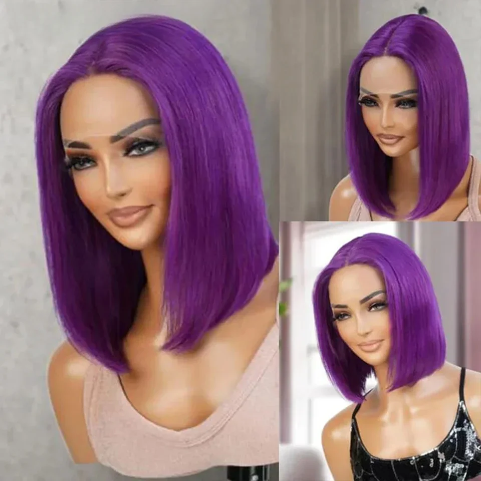 

Peruvian Cosplay Purple Hair 13x5x1 T Part Transparent Lace Front Human Hair Wigs 180D Short Straight Lace Bob Wigs Human Wigs