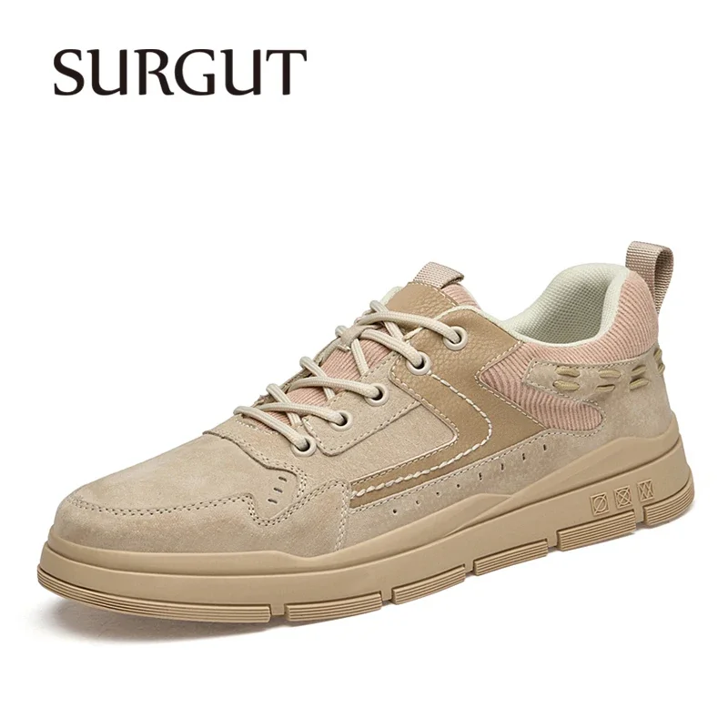 SURGUT New Fashion Men's Leather Shoes Spring New Lace Up Men Shoes Breathable Soft Casual Men Outdoor Hiking Shoes