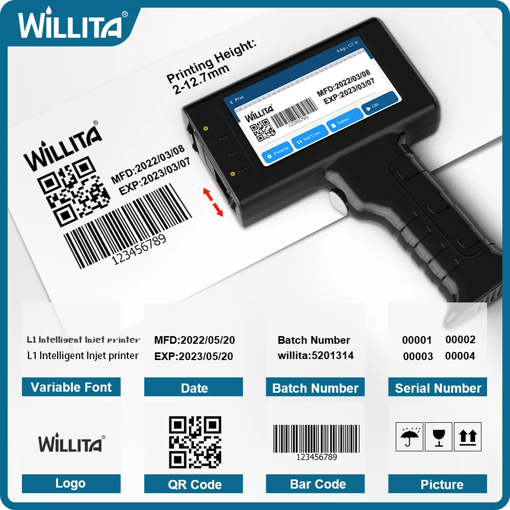 Imprimante à jet d'encre portable Willita pour numéro de lot, code à barres, code QR UV, logo, textile, imprimante de date à la main, machine de codage d'étiquettes