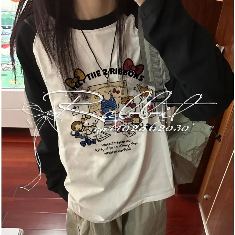 

2025 New Retro Cartoon Hello Kitty 3D Printed Shoulder Piercing Color Blocked Long Sleeved Shirt for Women's Casual T-shirt