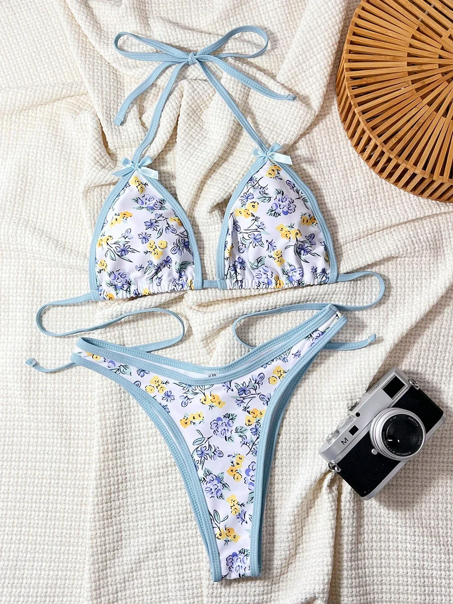 

New Sexy Low Waist Bikini Sets Swimsuit Print Swimwear Women Strappy Bathing Suit Beachwear Brazilian Halter Female biquini