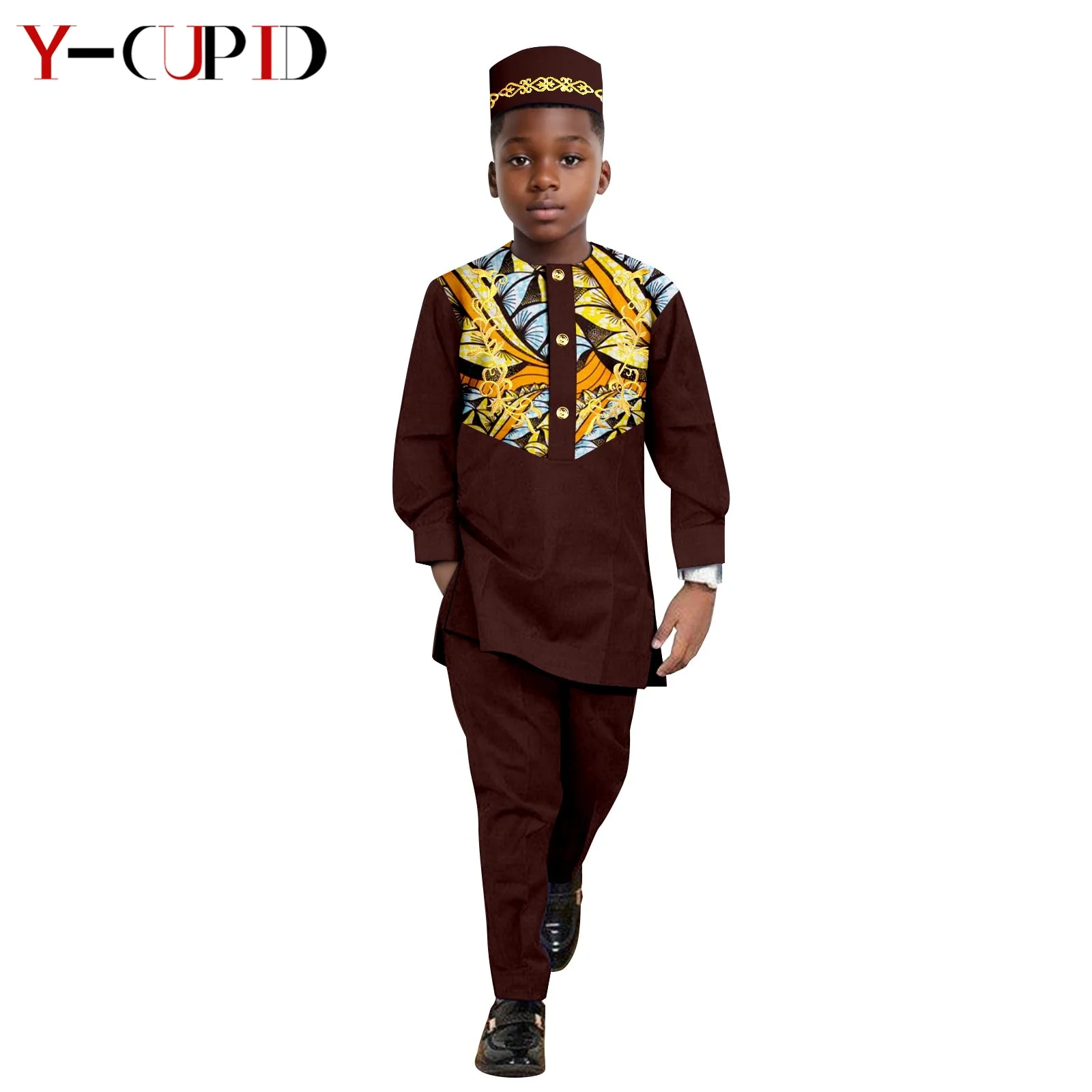 African Clothes for Kids Dashiki Boys Outfits Print Appliques Shirt and Pant Sets with Hat Bazin Riche Children Outwear 2446042