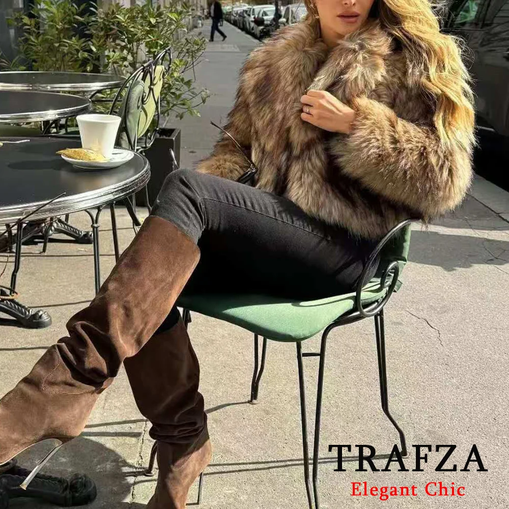 TRAFZA-Women Winter Solid Faux Fur Coat Jacket Big Lapel Coat New 2024 Autumn Winter Fashion Slouchy Vintage High Street Coat