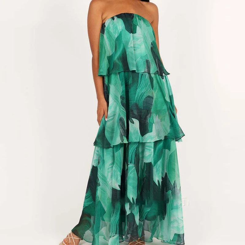 Sexy peito envolvendo vestido de banquete verão novo fora do ombro sem mangas em camadas vestido moda floral impresso babados vestido de noite
