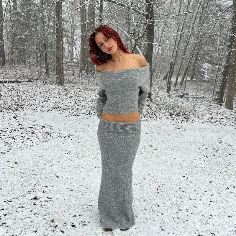 Elegant Off The Shoulder Knitted Top Long Skirt Set Women Suit Long Sleeve Loose Gray Knit Sweater Skirts Sets Festival Outfit