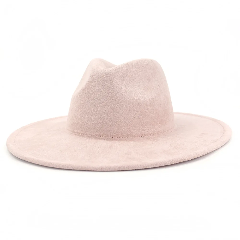 Neue 9,5 cm Breite Krempe Wildleder Fedora Hut Für Frauen Weiche Geformt Männer Panama Jazz Hut Mode Rosa Hochzeit Dekoration kleid Kappe – Detail 4