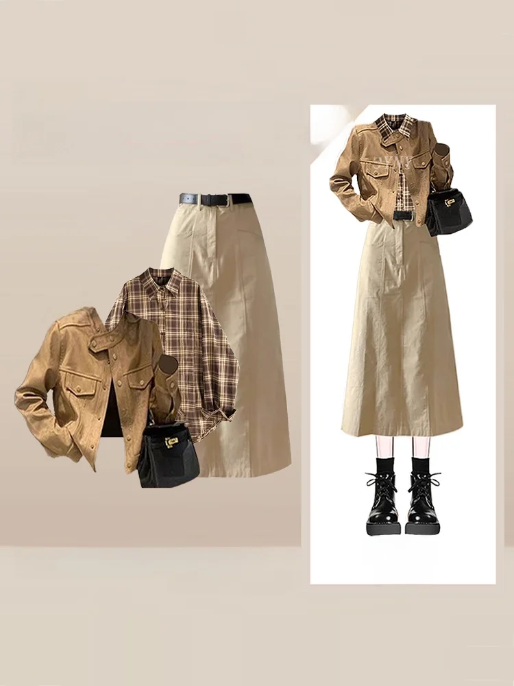 

Retro American Motorcycle Style Plaid Shirt Women's Winter Coffee Skirt Three-Piece Set High Waist Midi Skirt Short Coat