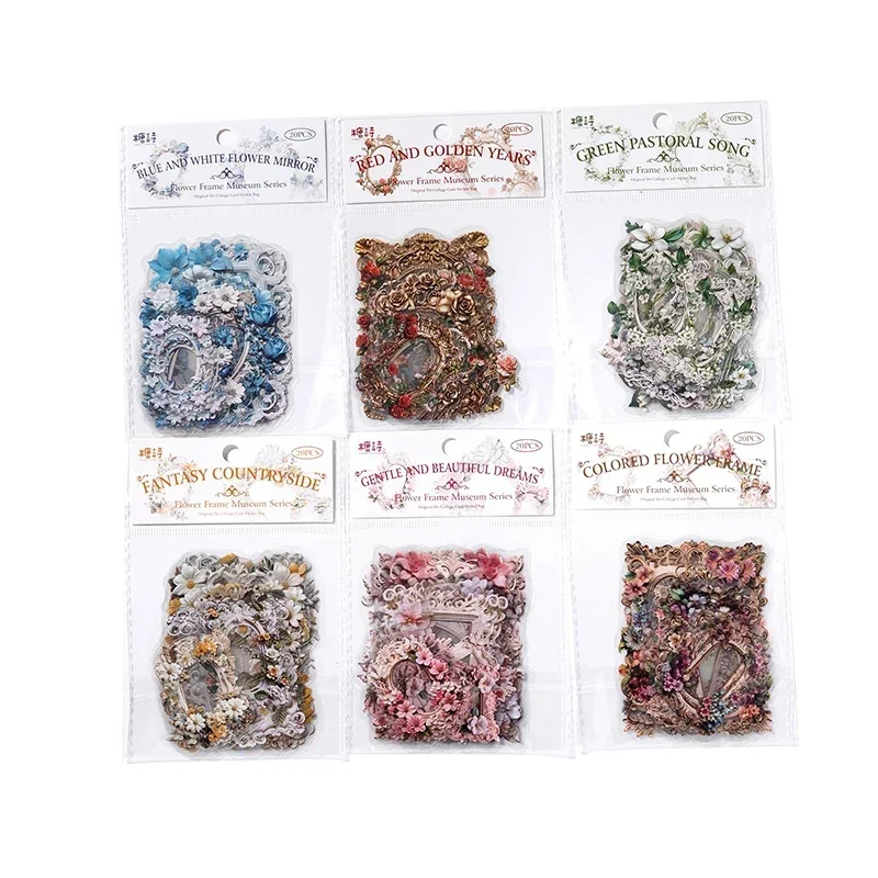 20pcs Flowers Frame Collage PET Scrapbooking PET Materials Art  Journal Stickers for Decor Sticker Junk Stationery150*100MM