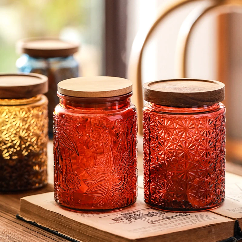 Color Retro Begonia Glass Storage Tank Household Kitchen Dried Tangerine Peel Miscellaneous Grains Sealed Jar Storage Tank