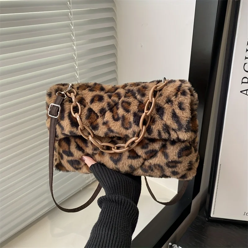 

Versatile Fashion Plush Bag Korean Style Edition Single Shoulder Handheld Letter Bag New Leopard Pattern Plush Bag Crossbody Bag